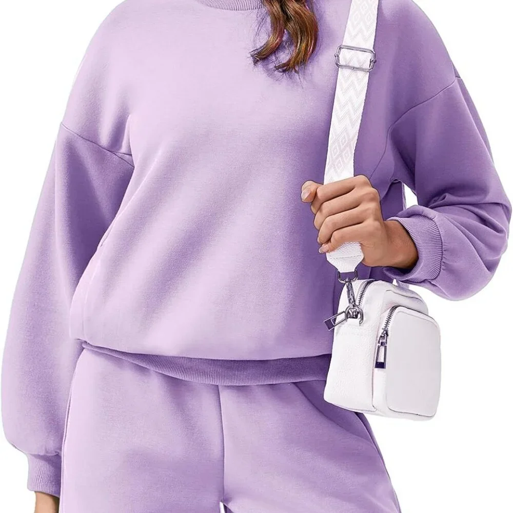 Two Piece Sweat Set Women Casual Lounge Travel Shorts Sweatshirt 4 Pockets
